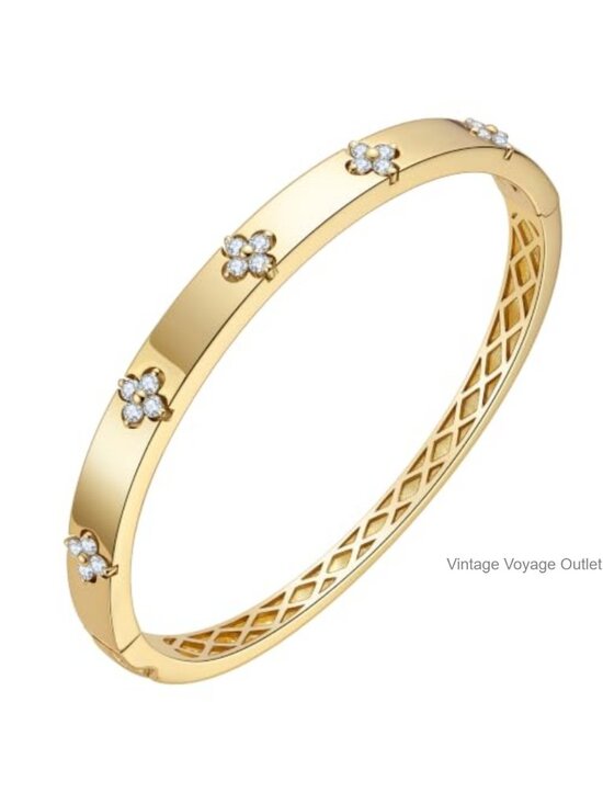 Jewelry - 14K Gold Plated Cuff Bracelet Inlaid Four-Leaf Clover Moissanite Hinge Clasp